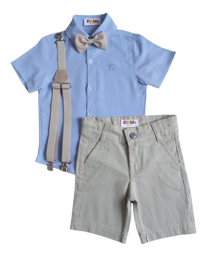 Conjunto Social Infantil Menino - Camisa Azul E Bermuda Bege