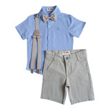 Conjunto Social Infantil Menino - Camisa Azul E Bermuda Bege