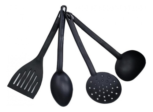 Conjunto Talheres Cozinha Concha Colher Espumadeira Espátula Cor Preto