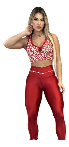 Conjunto Fitness Marsala Top Onça Legging Lisa Empina Bumbum