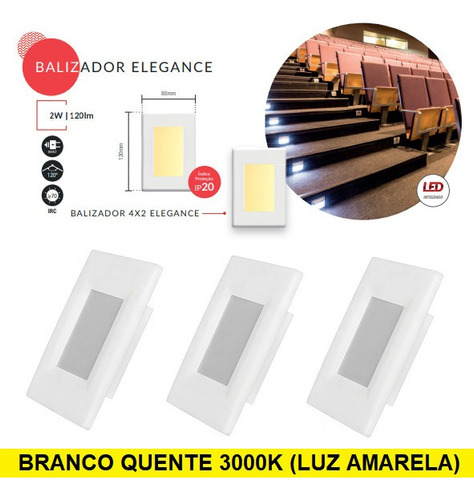 Kit 3x Balizador Luminária Léd Embutir 4x2 3000k Luz Amarela