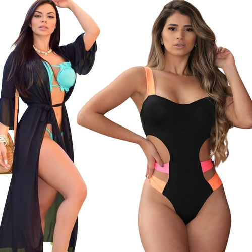 Kit Saida Longa + Maiô Neon Praia Piscina Lançamento Verão