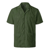 Camisa Guayabera Verde Militar Para Hombre, Manga Corta, Bor