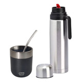 Mate Termico Quo Negro + Bombilla + Termo Acero 1l