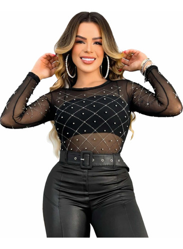 Body Blusa Feminina Em Tule Com Aplicaçoes Em Strass Festa