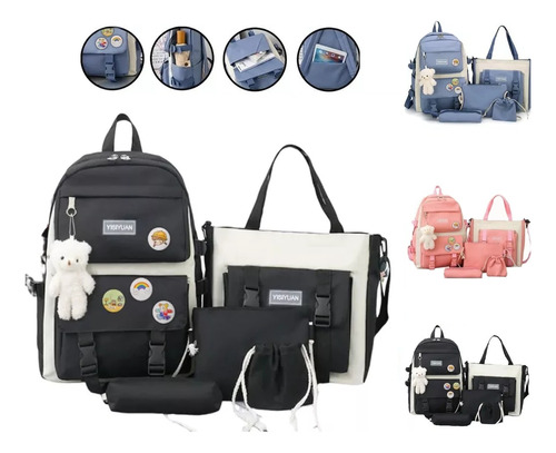 Set 5 Mochila Bolsas Escolar Estudiante Set Lona Tote Kawaii