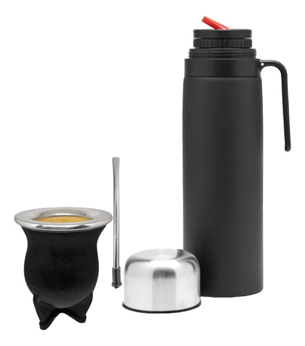 Set Matero Termo Acero Negro + Mate De Calabaza + Bombilla 