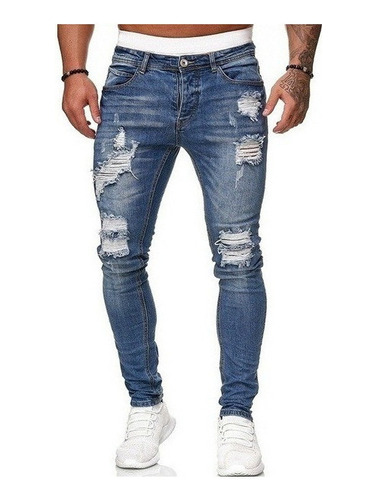 Pantalones De Mezclilla Slim De Tendencia Rotos Para Hombres