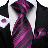 Set Corbata Pañuelo Mancuernillas Seda Fucsia Con Negro 7966