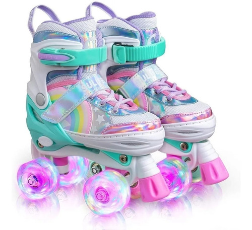 Patins Quad Lindo Tam./ Ajustável, Rainbow Rodinhas Em Led