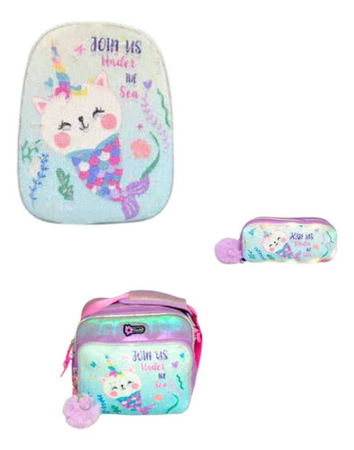 Kit Mochila Gato Cornio Sirena Peluche Lentejuela Luz Kawaii