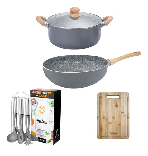 Set Olla Wok Granito Tabla Utensilio Hudson Original