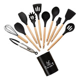 Kit C/12 Utensílios Cozinha Silicone Cabo Madeira Resistente