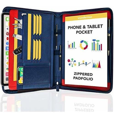 Wundermax Portfolio Padfolio Leather Portfolio Zippered Clos