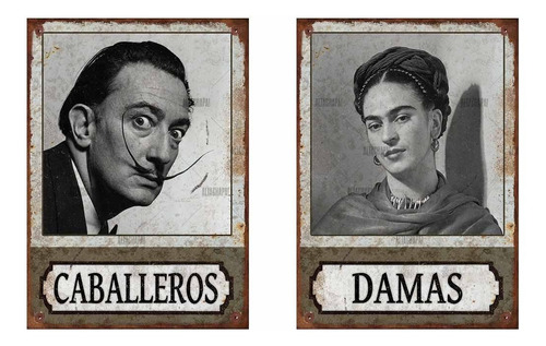 Cartel Chapa Rústica Pack Baños Dalí Frida Kahlo