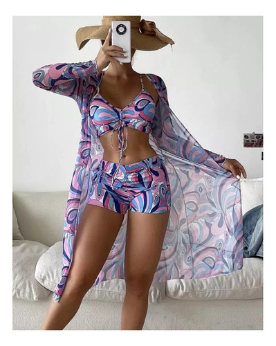 Bikini De Hilo Con Estampado Completo Y Kimono Playero