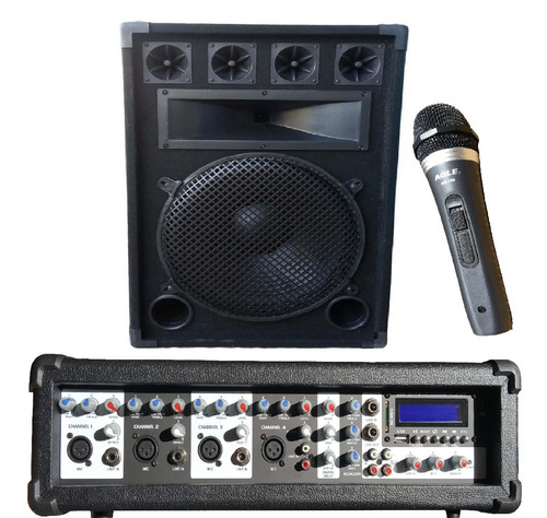 Combo Consola Potenciada 4 Canales Bt + 1 Bafles 500w + Mic