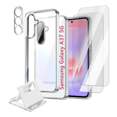 5kit Funda Transparente Para Samsung Galaxy A37 5g Con 2 Mica Pantalla Hd+mica Cámara+soporte,carcasa Trasera Protectora Transparente, Antiamarilleo Tpu + Pc
