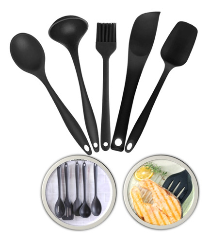 Jogo 5 Utensílios Cozinha Silicone Preto Colher Espátula