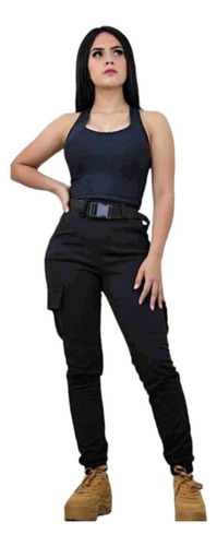 Pantalon Cargo Negro Con Broche Y Resorte En Tobillos