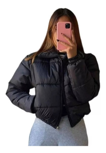 Campera Puffer Inflada Con Corderito Cuello Alto Y Bolsillos