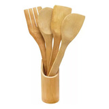 Set X4 Juego De Utensilios Con Porta Cubiertos Bambú Cocina 