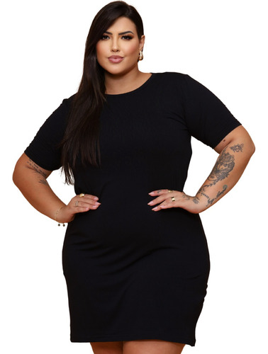 Vestido Plus Size Básico Preto Verão Casual Tipo Camisetão