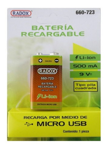 Bateria Cuadrada 9v Recargable X Usb 500mah Li-ion Radox