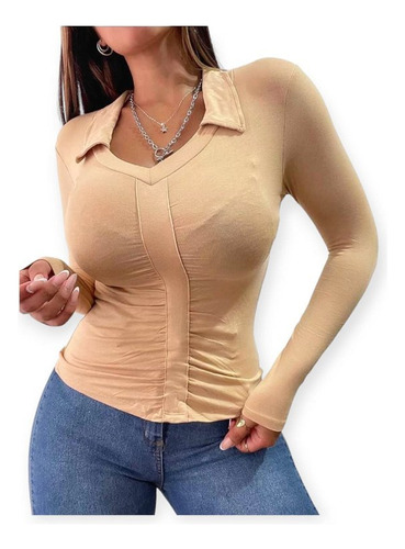 Remera Cuello Estilo Chomba Con Detalle D Frunce En El Busto