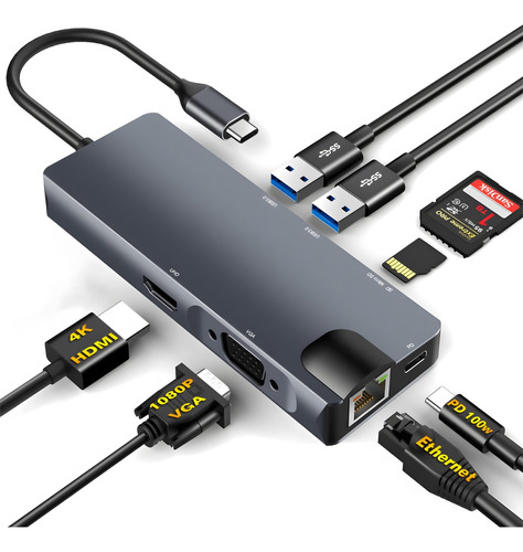 Usb C Hub 8 En 1 Adaptador,usb C A Hdmi Vga Con Ethernet