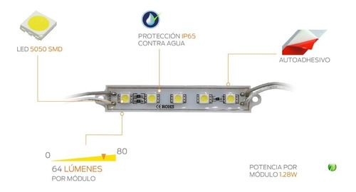 Barra Led Modulo 5 Smd 5050 12v Lp68 Rosa Rojo Azul Autoadhesivo 80 Lumenes Ideal Patente Interior Baul Super Potencia 