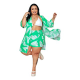 Conjunto Feminino Shorts E Saia E Kimono Plus Size Verão 