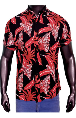 Camisa Fibrana Hawaiana Flores Negras