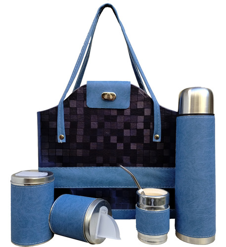 Set Matero Completo Cartera Azul Labrada Brillosa Oferta