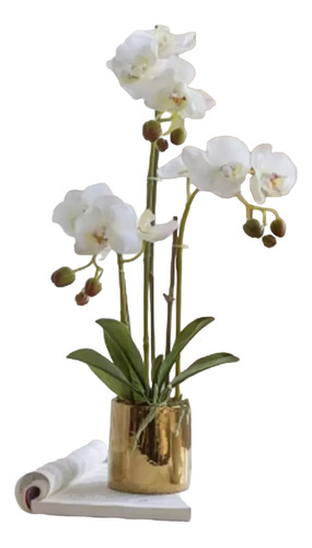 Arreglo De 3 Orquídeas Artificiales Blancas Y Maceta Cromo.