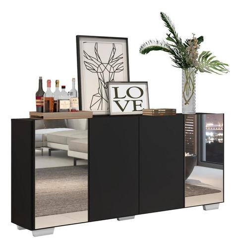 Aparador Buffet 4 Portas Com Espelho Vegas Multimóveis V3563 Cor Preto/branco