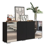 Aparador Buffet 4 Portas Com Espelho Vegas Multimóveis V3563 Cor Preto/branco