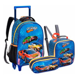 Kit Mochila Rodinha Lancheira Estojo Infantil Carro Team Hot