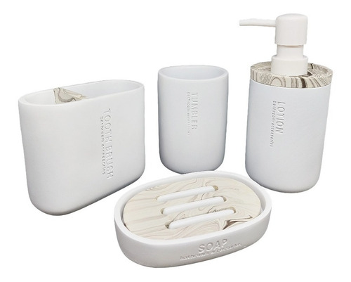 Set Baño 4 Piezas Blanco Con Símil Mármol Dispenser Jabonera