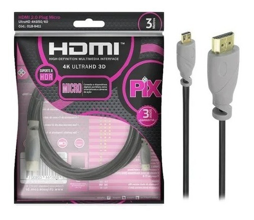 Cabo Micro Hdmi X Hdmi 3 Metros Blindado 2.0 Ethernet 3m 4k