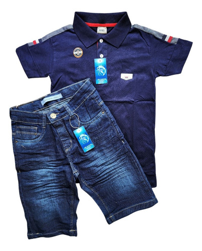 Conjunto Camisa Jeans E Bermuda Masculina Infantil Menino.