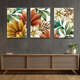 Cuadro Tríptico Decorativo Moderno 130x60cm Flores De Otoño