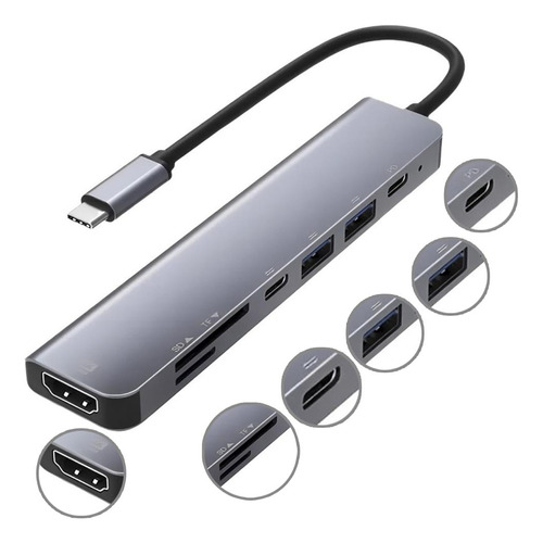 Adaptador Tipo C Usb 3.0 2.0 Hub 7 Em 1 Multiportas Bk-c2 Cor Prateado