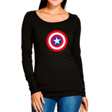 Polera Manga Larga Dama Capitan America Logo Escudo