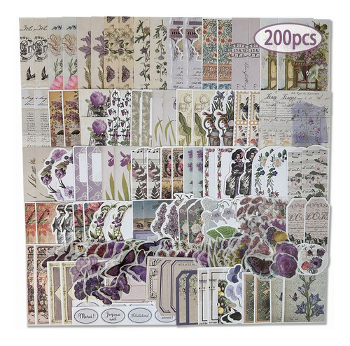 200 Stickers Journal Scrapbook Vintage Planta Flor Pegatina