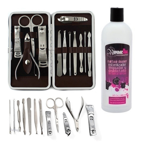 1 Estuche Para  Manicura Profesional De Acero Inoxidable Mas Liquido Esterilizador De Herramientas Profesional