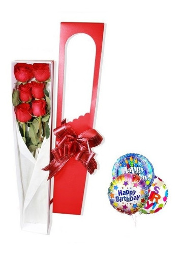 Arreglos Cajas De Flores De 6 Rosas + Globo Grande + Tarjeta