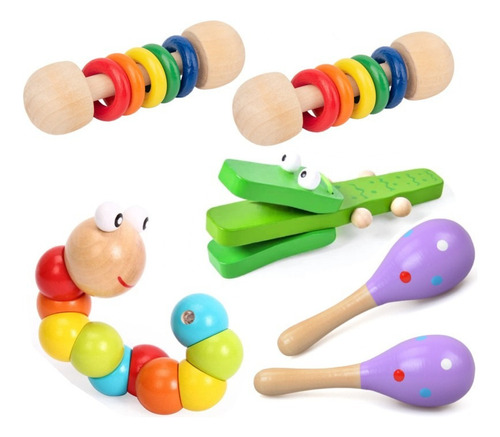 6pcs Brinquedos De Instrumentos Musicais De Madeira Montesso