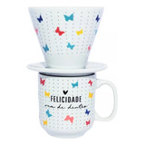 Caneca Porcelana Felicidade 300ml Redonda + Coador Chá/café 