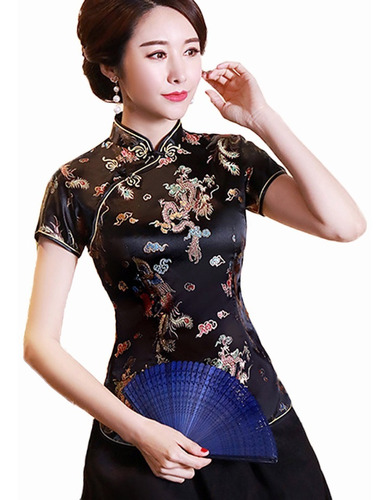 Cheongsam Chino Blusa Etnica De Manga Corta Con Cuello Alto